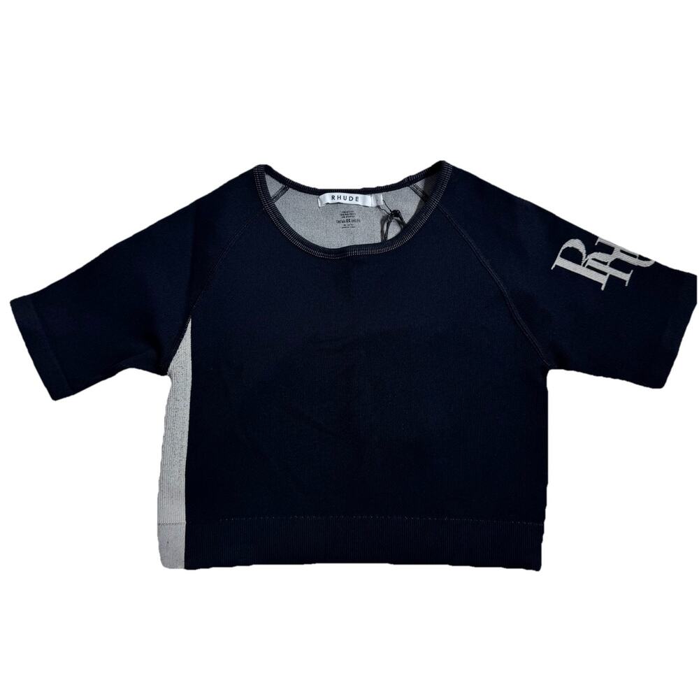 Rhude Womens Knit Crop Top L Black Short Sleeve Logo Designer NWT Streetwear